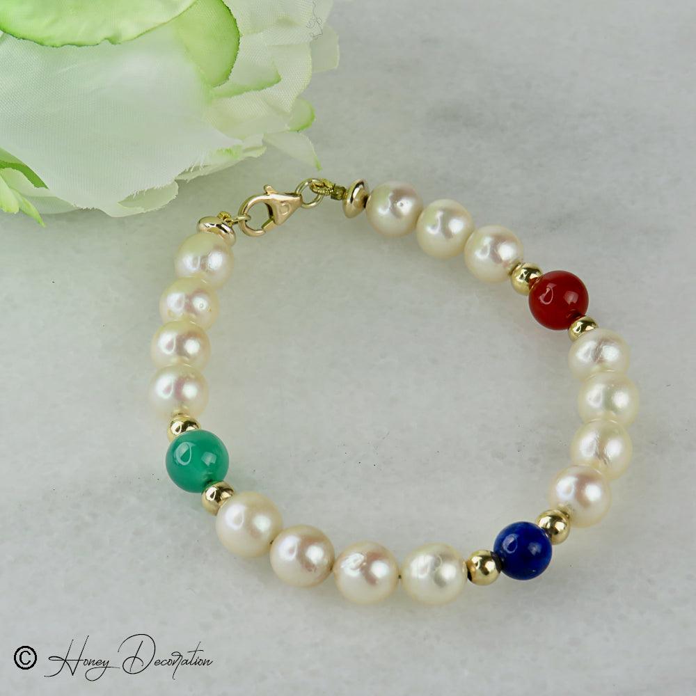 Perlen Armband mit 14 Karat Goldkugeln und Halbedelsteinen - Honey Decoration