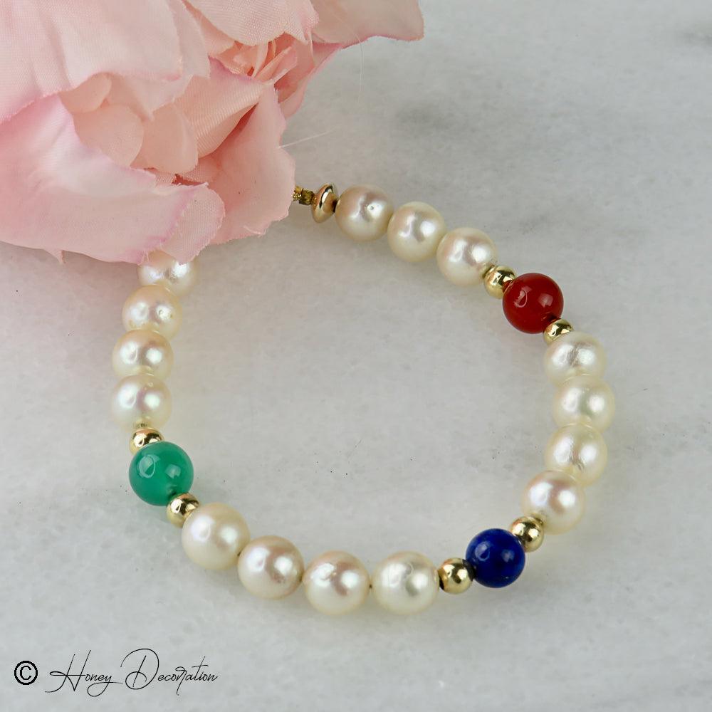 Perlen Armband mit 14 Karat Goldkugeln und Halbedelsteinen - Honey Decoration
