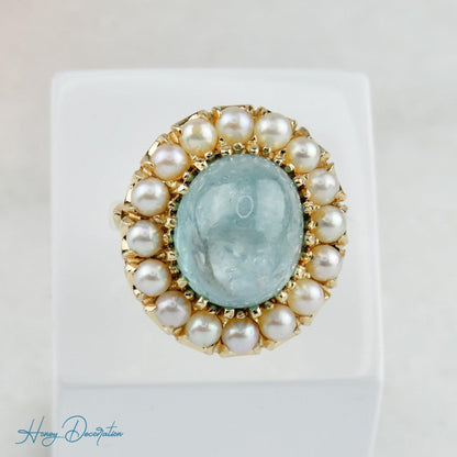 Extravaganter Vintage-Ring mit Aquamarin & Perlen aus 585 Gold - Honey Decoration