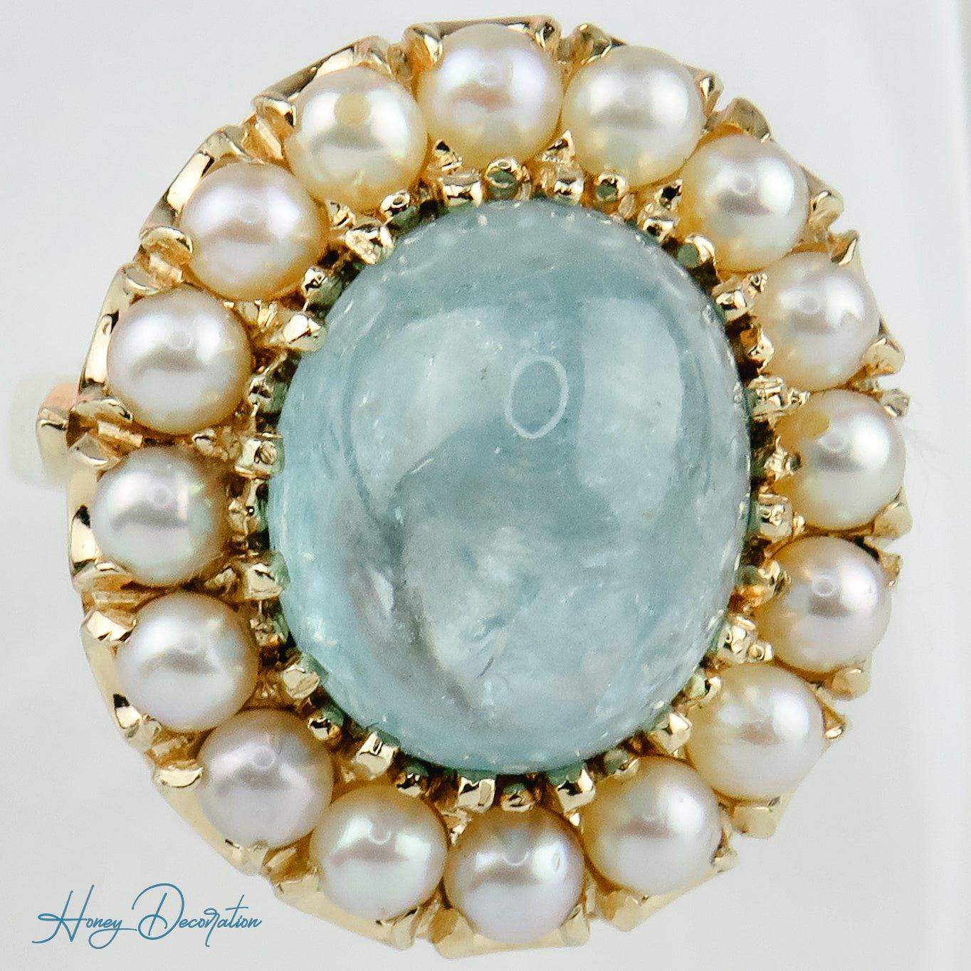 Extravaganter Vintage-Ring mit Aquamarin & Perlen aus 585 Gold - Honey Decoration