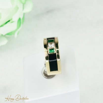 Prächtiger 18 Karat Cadeaux-Ring mit Onyx & Smaragd - Honey Decoration