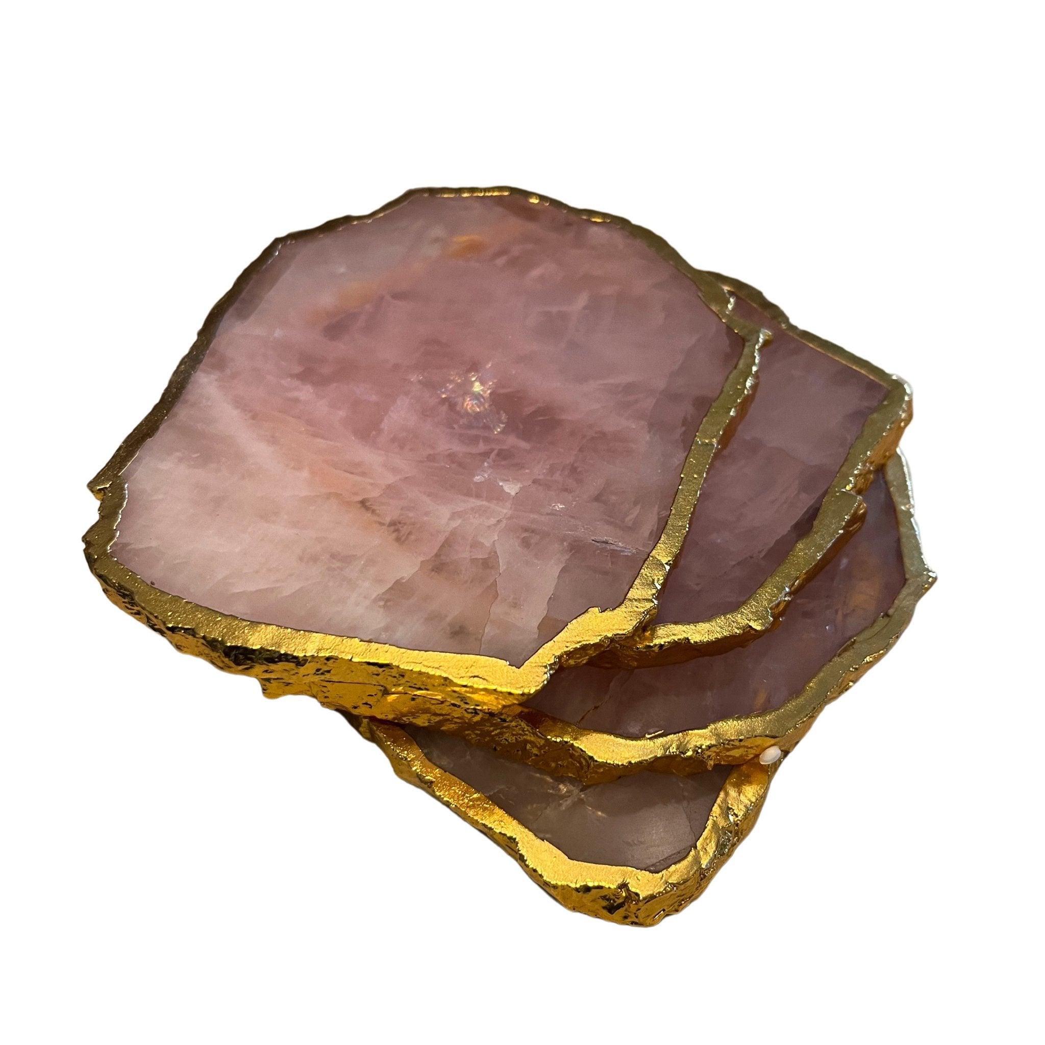 Untersetzer aus Rosenquarz mit goldenem Rand - Honey Decoration
