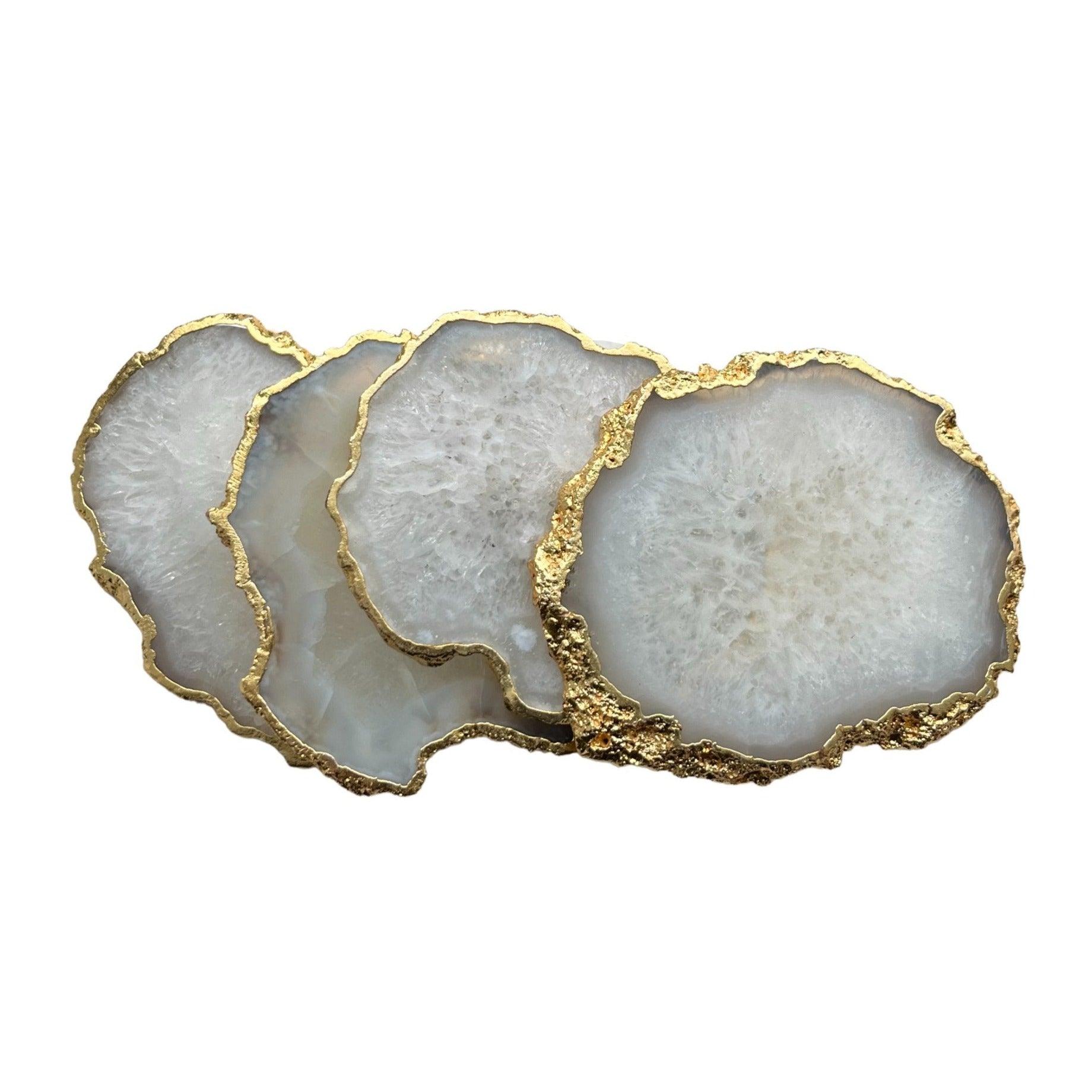 Untersetzer aus weißem Salzstein mit goldenem Rand - Honey Decoration