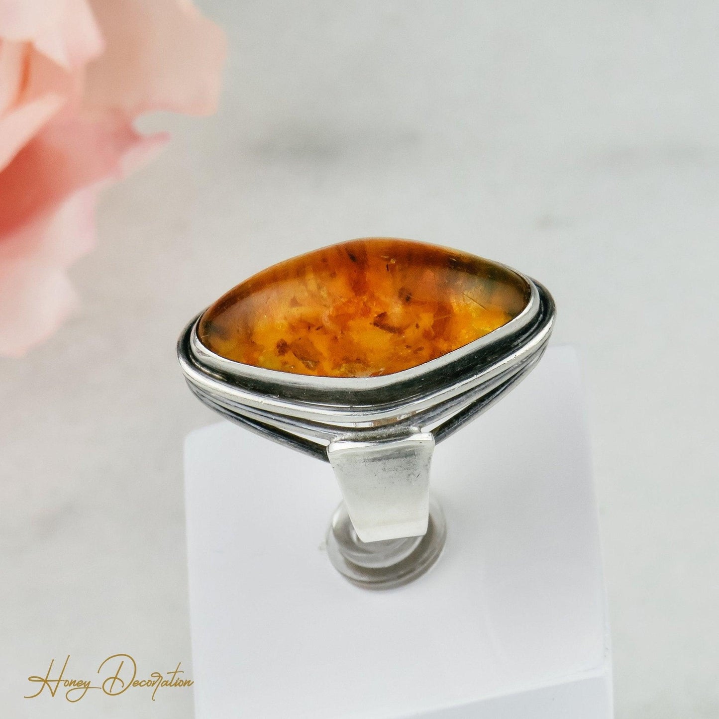 Vintage Silber-Ring mit Bernstein - Honey Decoration