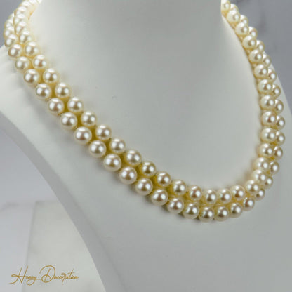 Zweireihige Perlenkette mit Goldschließe, Diamanten & Saphir - Honey Decoration